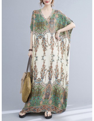 Vintage Floral Printed V-Neck Batwing Sleeves H-Line Maxi Dress