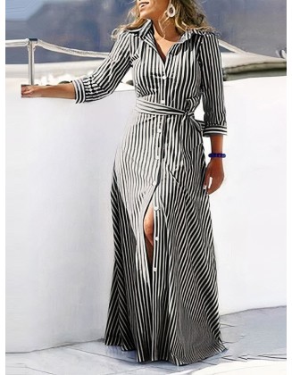 Buttoned Striped Tied Waist High Waisted Long Sleeves V-neck Shirt Dress Maxi Dresses