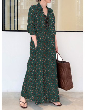 Vintage Printed Lapel Long Sleeve Shirt Maxi Dress