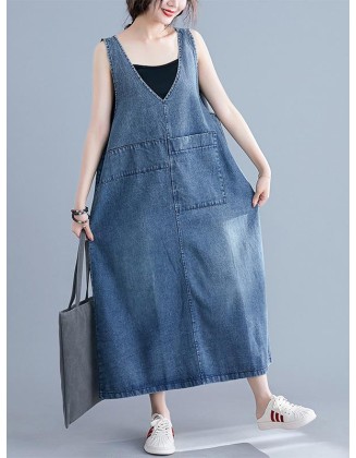 Loose Sleeveless Denim V-Neck Midi Dress