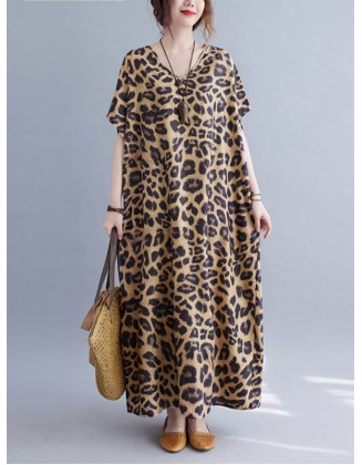 Loose Leopard V-Neck Batwing Sleeves Maxi Dress