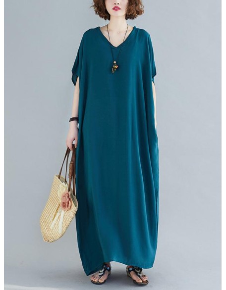 9 Colors Loose Solid Color V-Neck Maxi Dress