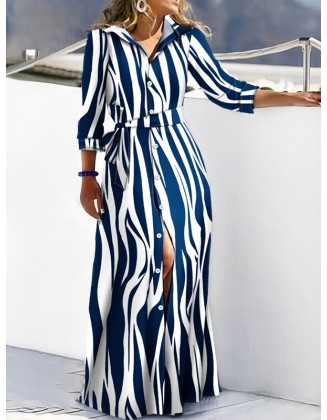 Buttoned Tied Waist Zebra Printed High Waisted Long Sleeves V-neck Shirt Dress Maxi Dresses