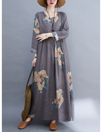 Casual Loose Pleated Flower Printed Round-Neck Long Sleeves Maxi Dress