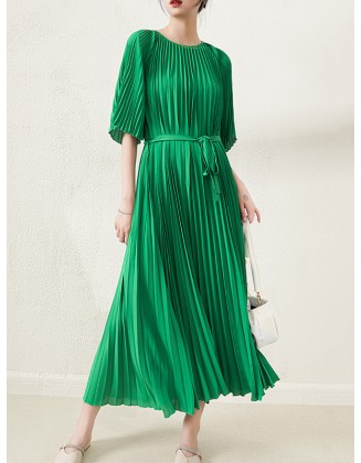 Loose Pleated With Waistband Solid Color Round-Neck Maxi Dresses