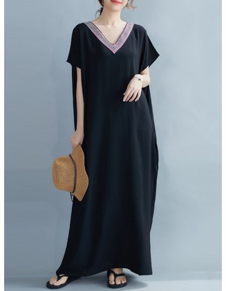 Casual Artistic Retro Striped V-Neck Short Sleeves Maxi Dress