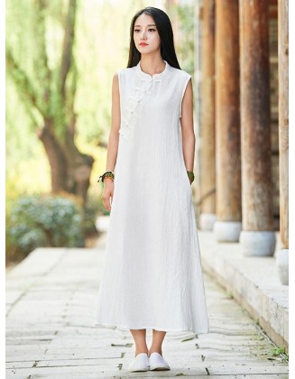 White Ramie Cotton Sleeveless Linen Dress