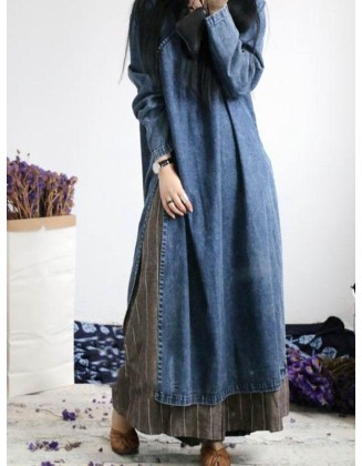 Loose Button Split-side Jeans Long Dress