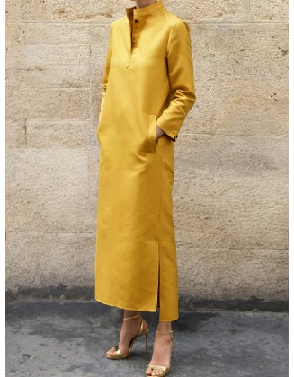 Long Sleeves Loose Solid Color Split-Side Stand Collar Midi Dresses