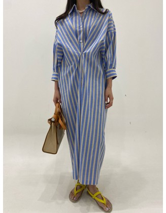 Buttoned Contrast Color Pockets Striped Long Sleeves Loose Lapel Shirt Dress Midi Dresses