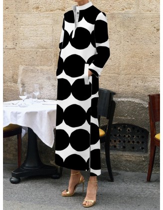 Long Sleeves Loose Polka-Dot Split-Side Stand Collar Midi Dresses