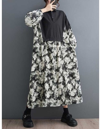 Buttoned Printed Split-Joint Long Sleeves Loose Lapel Midi Dresses