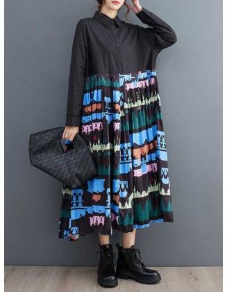 Buttoned Pleated Printed Split-Joint A-Line Long Sleeves Lapel Midi Dresses