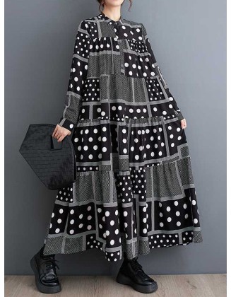 Buttoned Polka-Dot Printed Split-Joint Long Sleeves Loose Midi Dresses