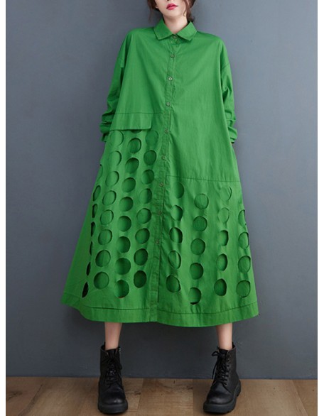 Asymmetric Hollow Polka-Dot Solid Color A-Line Long Sleeves Lapel Midi Dresses