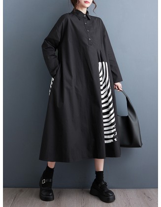 Asymmetric Buttoned Striped A-Line Long Sleeves Lapel Midi Dresses