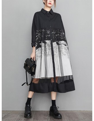 Buttoned Gauze Printed Split-Joint A-Line Long Sleeves Lapel Midi Dresses