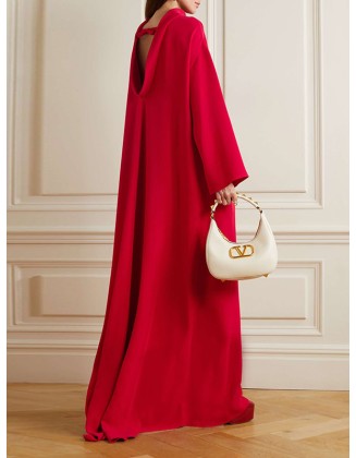 Long Sleeves Hollow Pockets Solid Color High-Neck Evening Dresses