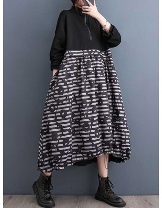 Drawstring Printed Split-Joint Zipper Long Sleeves Loose Midi Dresses