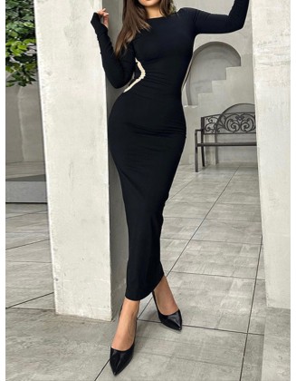 Contrast Color Long Sleeves Skinny Round-Neck Maxi Dresses