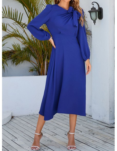 Asymmetric Bowknot Elasticity Solid Color A-Line Long Sleeves Round-Neck Midi Dresses