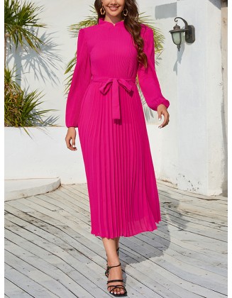 Hollow Pleated Solid Color Tied Waist Bishop Sleeve High Waisted Mock Neck Midi Dresses