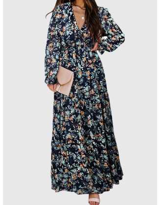 Flower Print Pleated Ruffled High Waisted Long Sleeves V-Neck Maxi Dresses