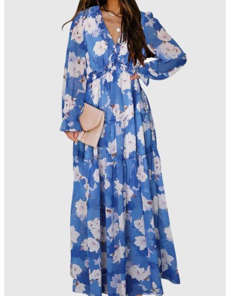 Flower Print Pleated Ruffled High Waisted Long Sleeves V-neck Maxi Dresses