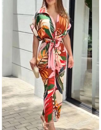 Buttoned Printed Tied Waist High Waisted Short Sleeves Lapel Shirt Dress Maxi Dresses