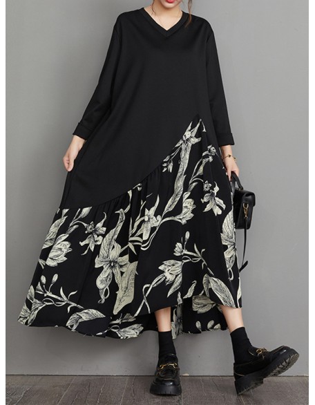 Asymmetric Flower Print Split-Joint A-Line High-Low V-Neck Midi Dresses