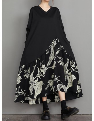 Asymmetric Flower Print Split-Joint A-Line High-Low V-Neck Midi Dresses