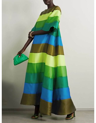 Flared Sleeves Half Sleeves Backless Contrast Color Multi-Colored Striped Round-neck Maxi Dresses