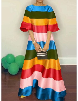 Flared Sleeves Half Sleeves Backless Contrast Color Multi-Colored Striped Round-neck Maxi Dresses