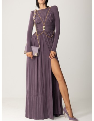 Long Sleeves Backless No Body Chain Pleated Solid Color Tied Waist Maxi Dresses