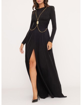 Long Sleeves Backless No Body Chain Pleated Solid Color Tied Waist Maxi Dresses