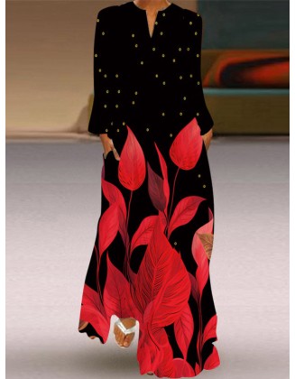 Contrast Color Printed Split-Joint Long Sleeves Loose V-Neck Maxi Dresses