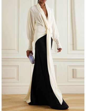 Contrast Color Long Sleeves Loose V-neck Maxi Dresses Evening Dresses