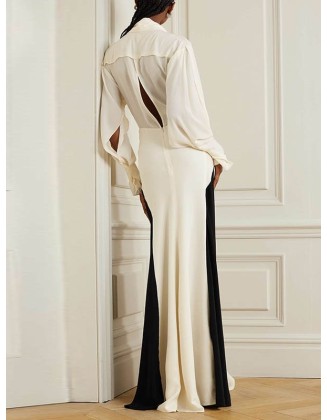 Contrast Color Long Sleeves Loose V-neck Maxi Dresses Evening Dresses