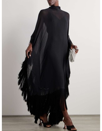 Batwing Sleeves Loose See-Through Solid Color Tasseled Mock Neck Maxi Dresses