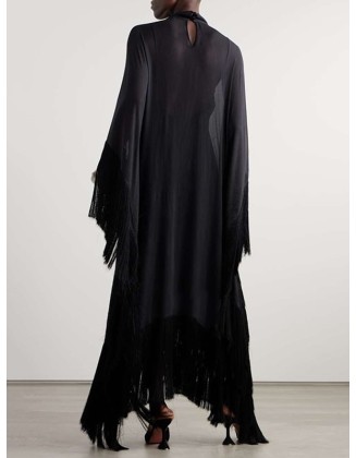 Batwing Sleeves Loose See-Through Solid Color Tasseled Mock Neck Maxi Dresses