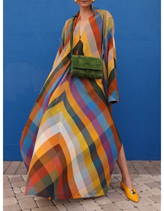 Long Sleeves Loose Contrast Color Split-Side V-Neck Maxi Dresses