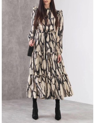 Elasticity Hollow Printed Split-Joint Tied Long Sleeves Loose Mock Neck Midi Dresses