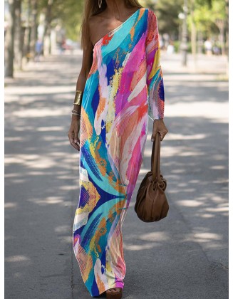 Long Sleeves Loose Asymmetric Elasticity Printed Split-side One-shoulder Maxi Dresses