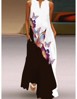 Butterfly Print A-Line Loose Round-Neck Maxi Dresses