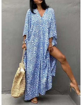 Leopard Split-Side Sun Protection Batwing Sleeves Loose V-Neck Maxi Dresses Cover-Ups Swimwear