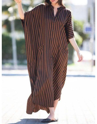 Buttoned Pockets Striped Batwing Sleeves Half Sleeves Round-Neck Maxi Dresses Beach Cover-Up