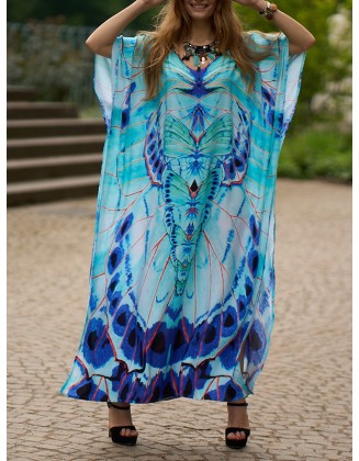 Butterfly Print Split-side Batwing Sleeves Loose V-neck Maxi Dresses Beach Cover-Up