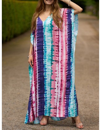 Contrast Color Printed Split-Side Batwing Sleeves Loose V-Neck Maxi Dresses Beach Cover-Up