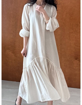 Elasticity Pleated Solid Color Split-Joint Zipper High Waisted Long Sleeves V-Neck Midi Dresses