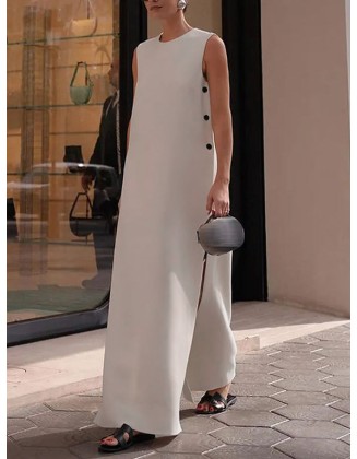 Loose Sleeveless Solid Color Split-Side Round-Neck Maxi Dresses